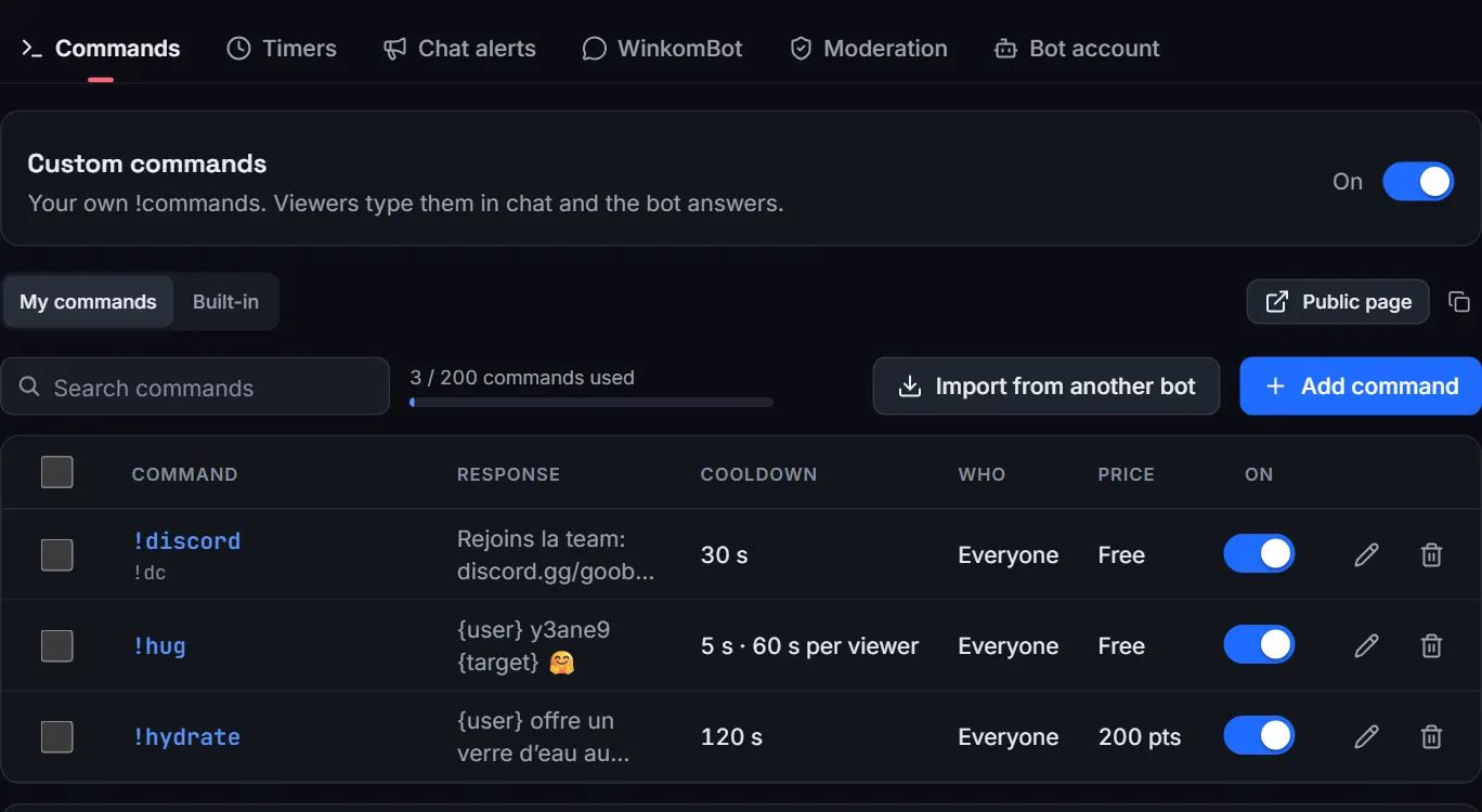 The chat bot page: custom commands with cooldown, who can use them and price