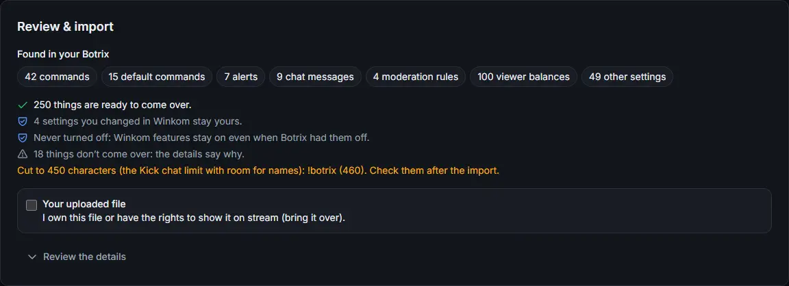 The Botrix import review: counts of what was found and one Import everything button