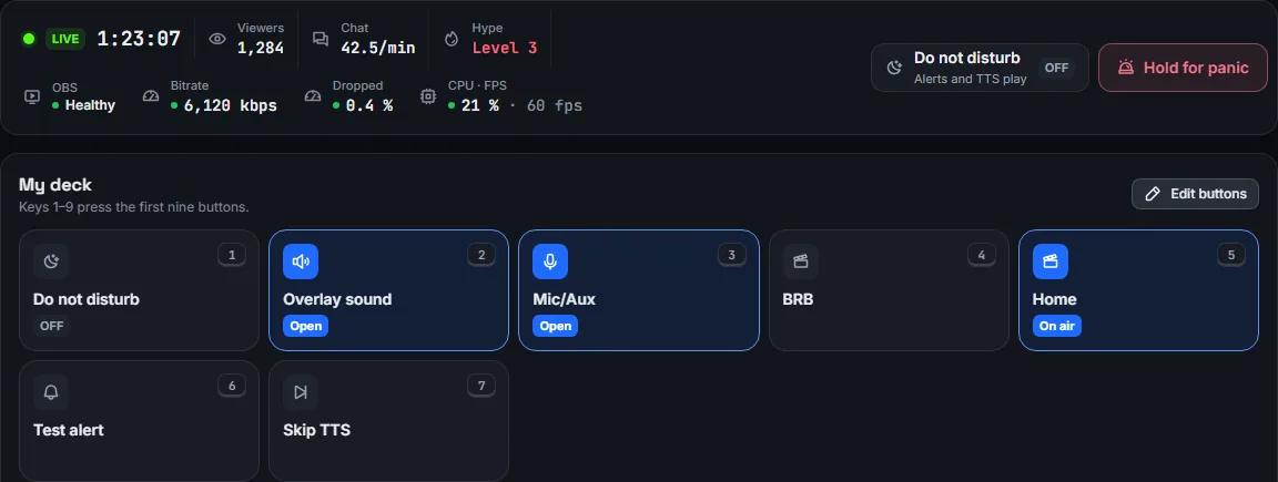 The Live Deck: stream health, viewers and chat speed above your deck of big buttons
